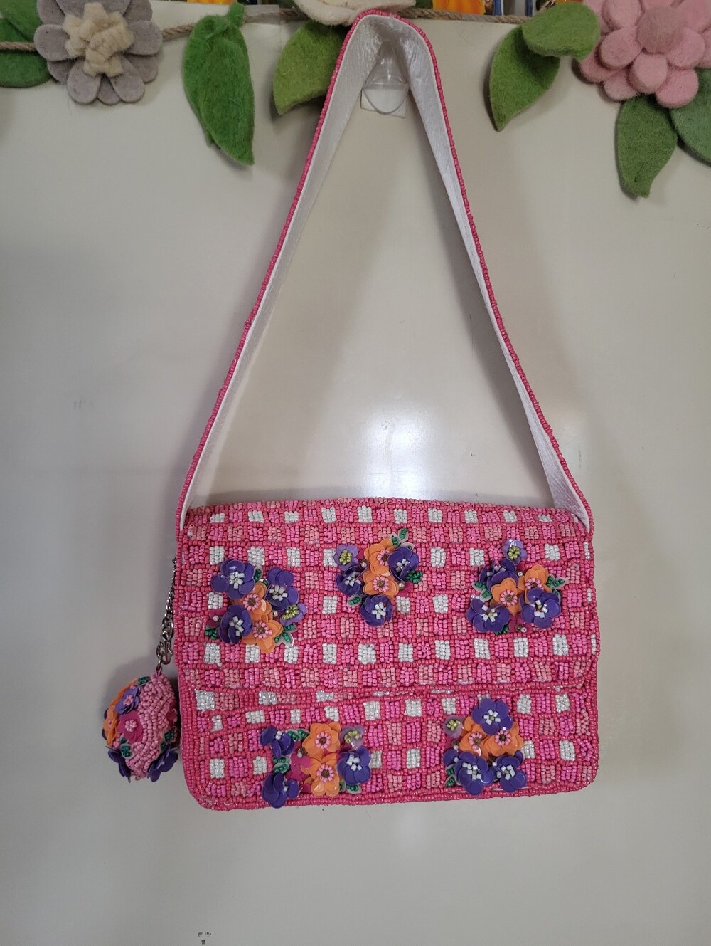 Handmade In India Pink Floral Beaded Bag With Beaded Charm - Picture 9 of 9